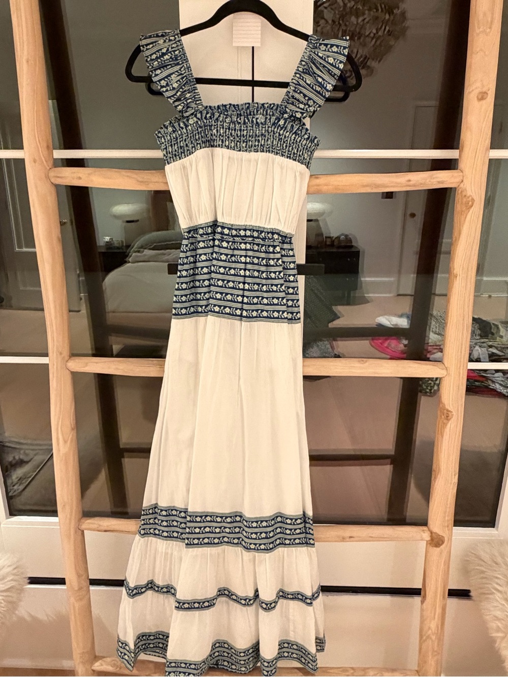 Garrie B White Maxi Dress with Blue Printed Trim